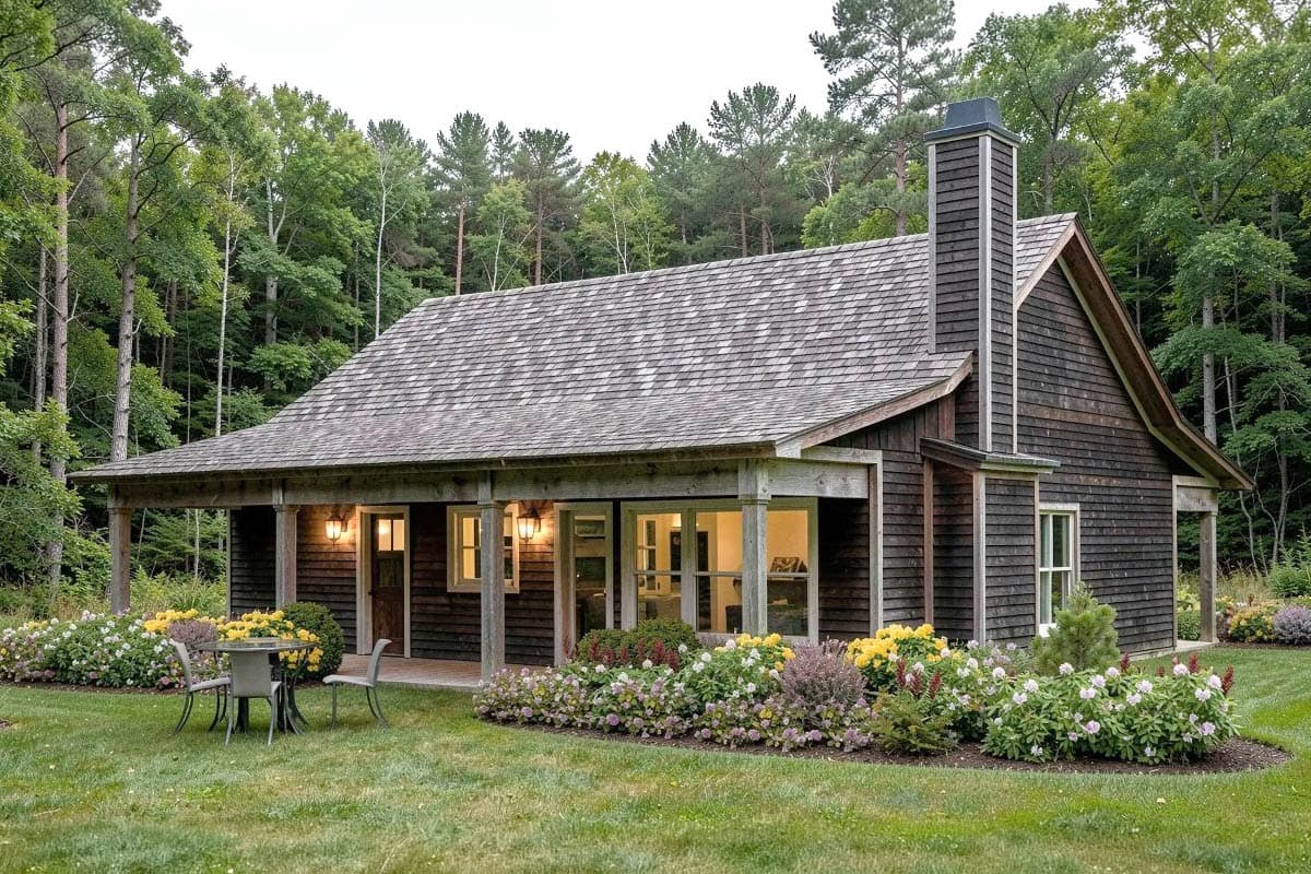 House plan exterior of a 1.5-story timber-clad home with a wide covered porch, a large stone chimney, and shingled roof.