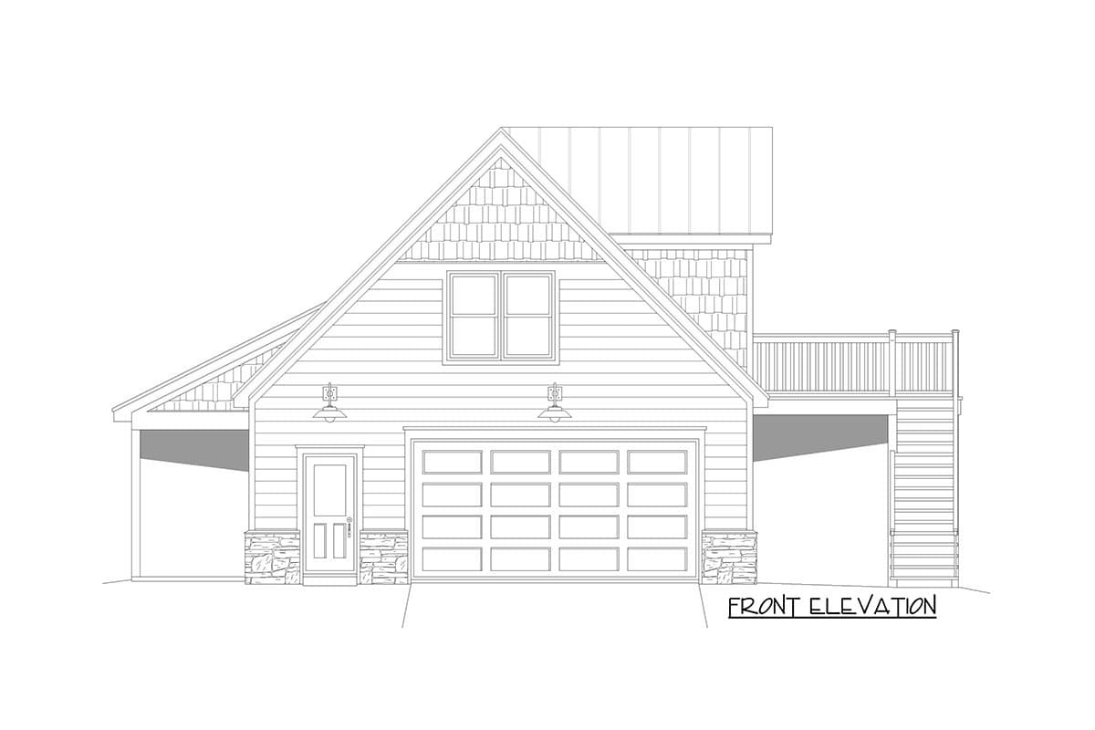 Front elevation of house plan with a two-car garage, covered entry, and upper-level deck with stairs.