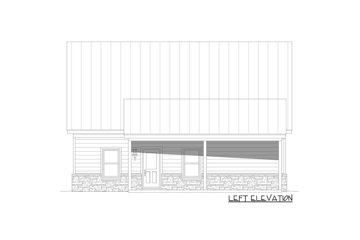 House plan left elevation shows a two-story structure with a metal roof, stone foundation, covered porch with columns, and two windows.