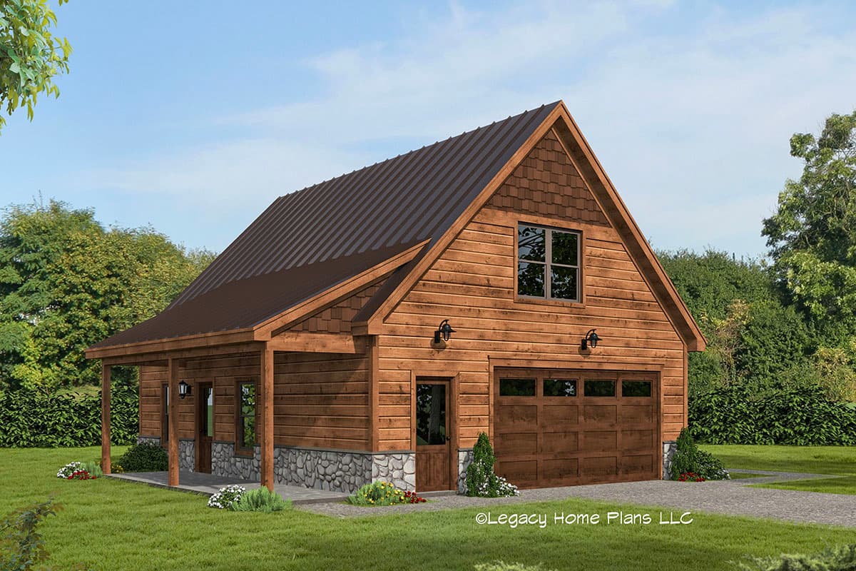 House plan exterior. Two-story structure with gable roof, covered porch, and a garage. Features include wood siding and stone veneer foundation.