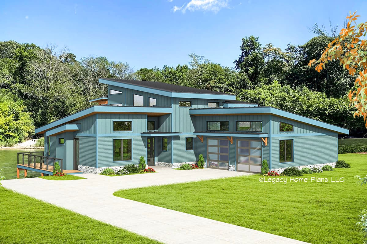 House plan exterior. Modern style, two-story home with a flat roof, a covered entry, and attached garage. Windows are various sizes and placements.