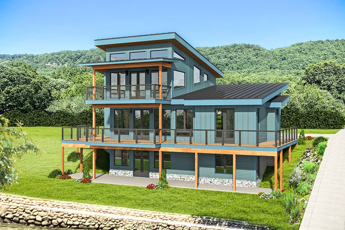 Modern house plan exterior, three stories, with multiple decks, a flat roofline, and large windows.
