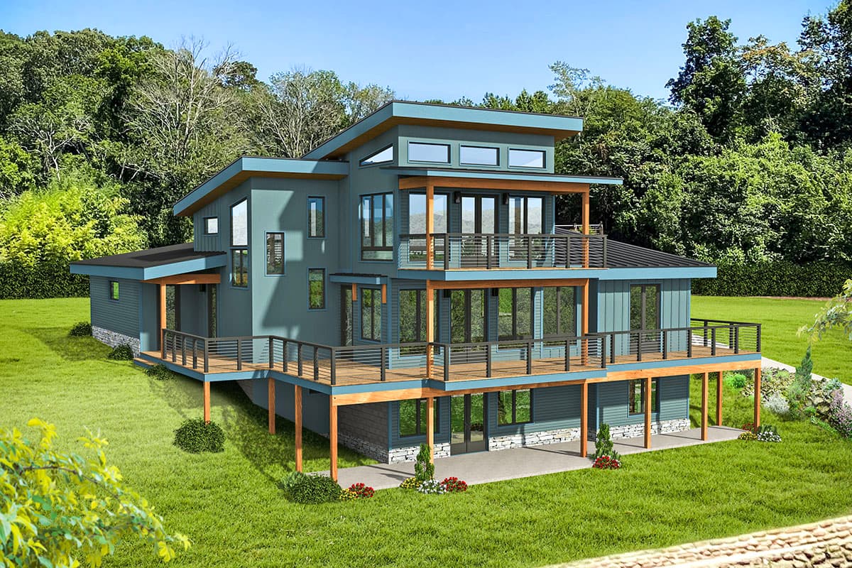 Modern house plan exterior with angled rooflines, multiple decks, and large windows.