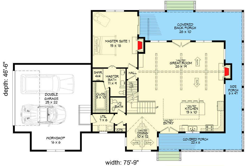 Plan 680047VR: Mountain Country Home Plan Under 2100 Square Feet with Wraparound Porch - Floor Plan - Main Level - Country, Craftsman, Mountain, Rustic