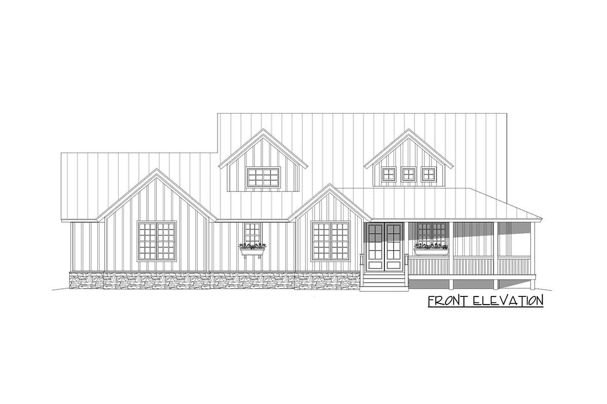 Front elevation of a house plan featuring a wraparound porch, board-and-batten siding, gables, and dormer windows.
