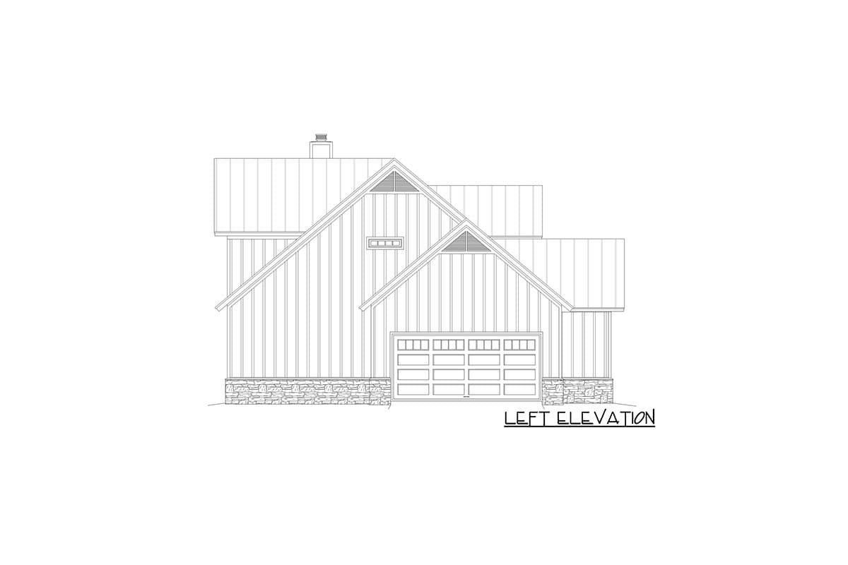 Left elevation of a house plan featuring a gabled roof, vertical siding, stone foundation, and a multi-pane garage door.