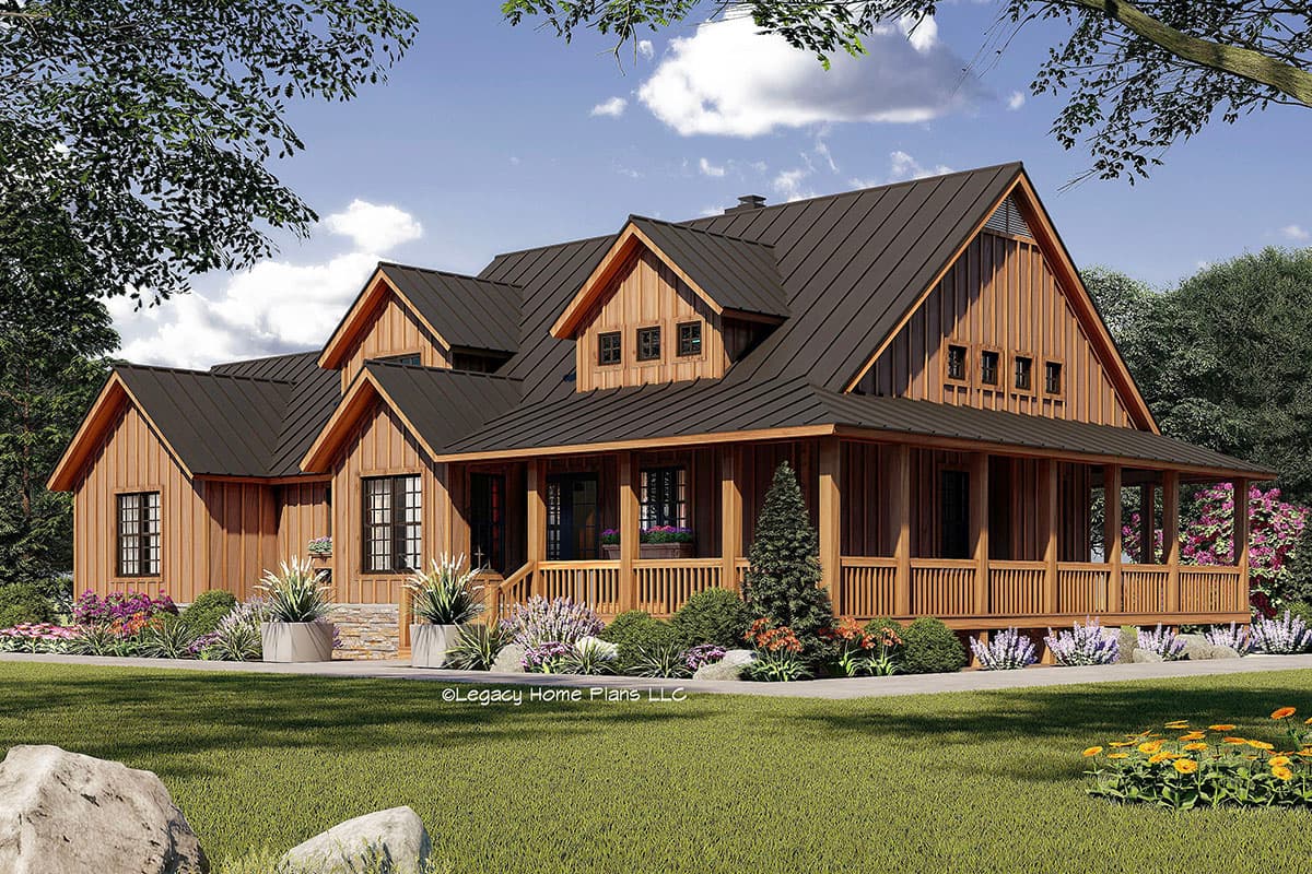 House plan exterior with wood siding, a wraparound porch, multiple gables, and a dark metal roof.
