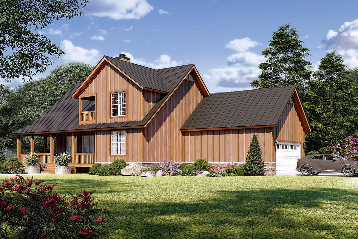 House plan exterior: Two-story modern farmhouse with a wraparound porch, prominent gable, and attached two-car garage.