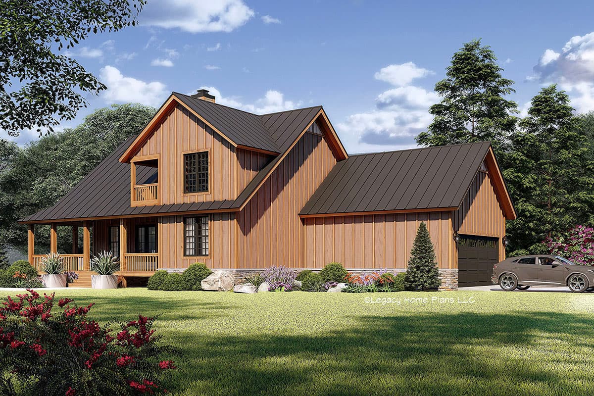 Modern farmhouse house plan exterior with board and batten siding, covered porch, gabled dormer and attached garage.