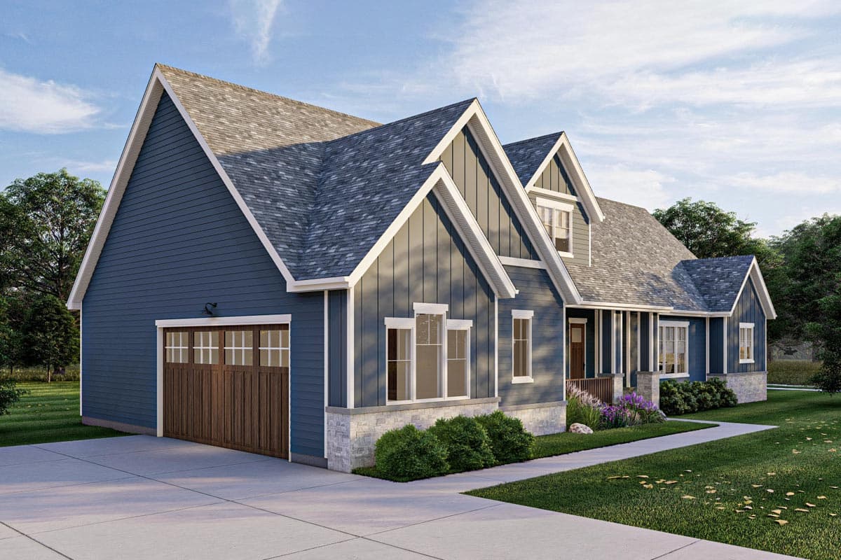 Modern Farmhouse house plan exterior, two stories, board and batten siding, stone foundation, dormers, and a gable roof.