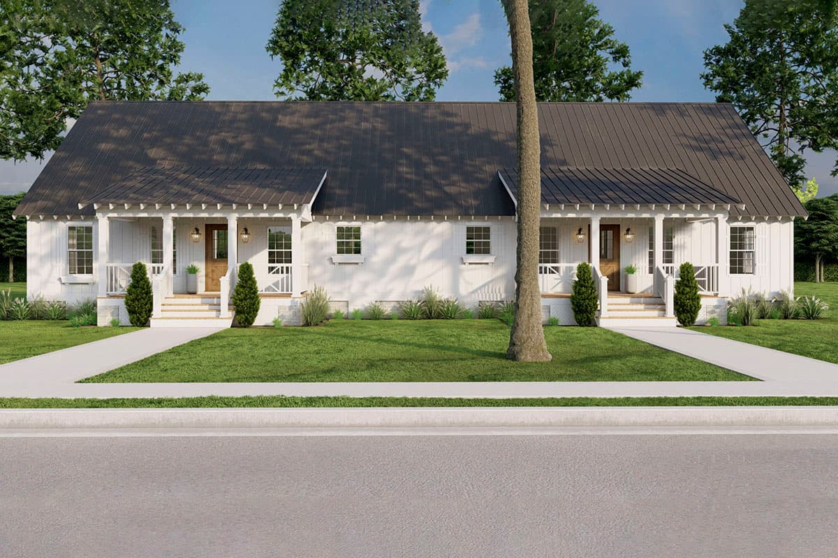 House plan exterior. Two-story farmhouse with covered front porch, gabled roof, and symmetrical design with two entrances.