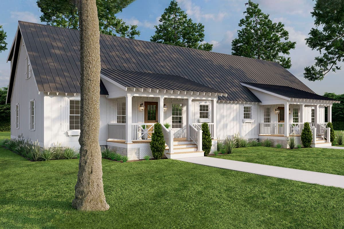 Modern Farmhouse house plan exterior, one story, with metal roof, board-and-batten siding, and wide covered front porches.