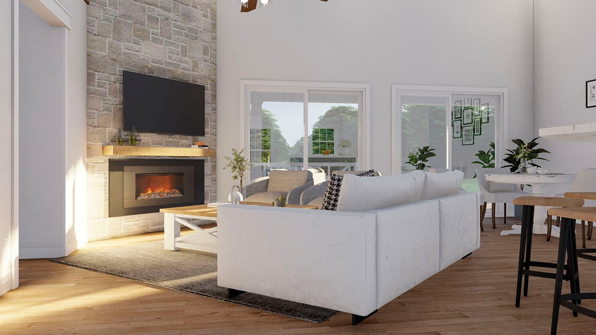 Living room rendering with stone fireplace, white sofa, dining area, and large windows.