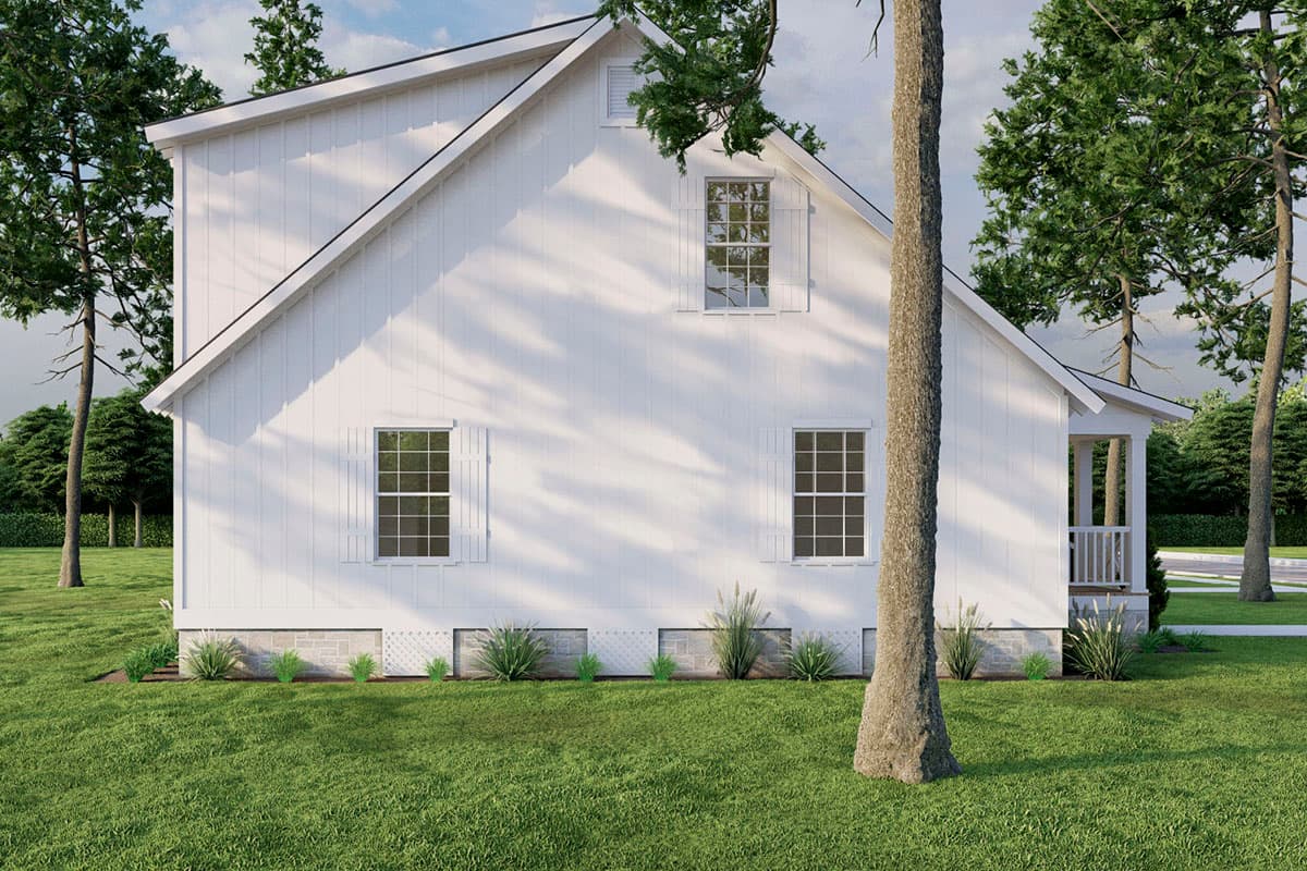 Modern farmhouse house plan exterior with white board-and-batten siding, gabled roof, dormer, and front porch.