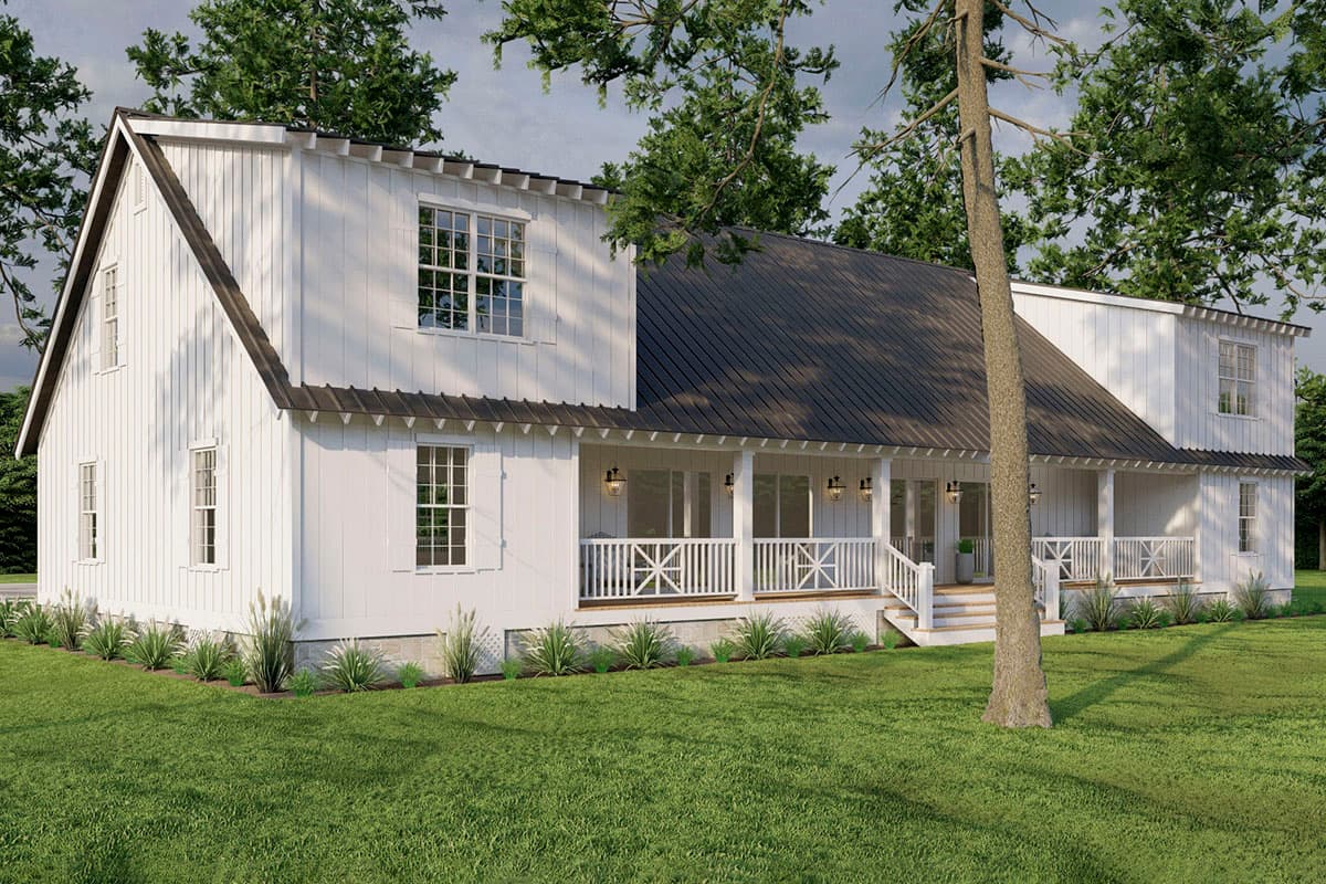 Modern Farmhouse two-story house plan exterior with wraparound porch, gables, and board and batten siding.