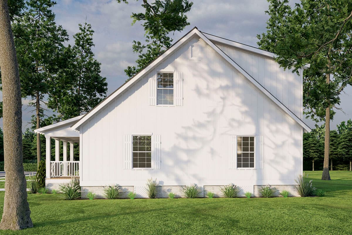House plan exterior: Modern Farmhouse style, two stories, gable roof, white board-and-batten siding, porch, and dormer.