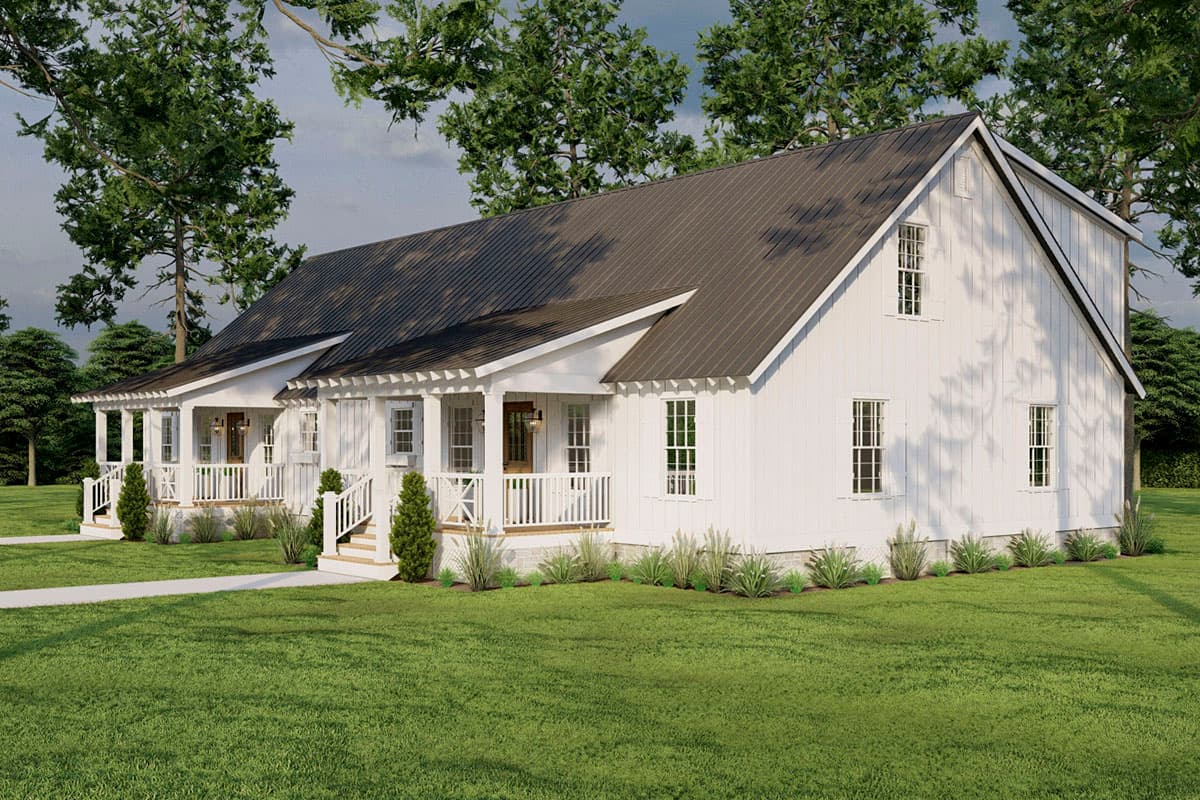 House plan exterior: Modern Farmhouse style, one story, with full-width porch, gabled rooflines, and board-and-batten siding.