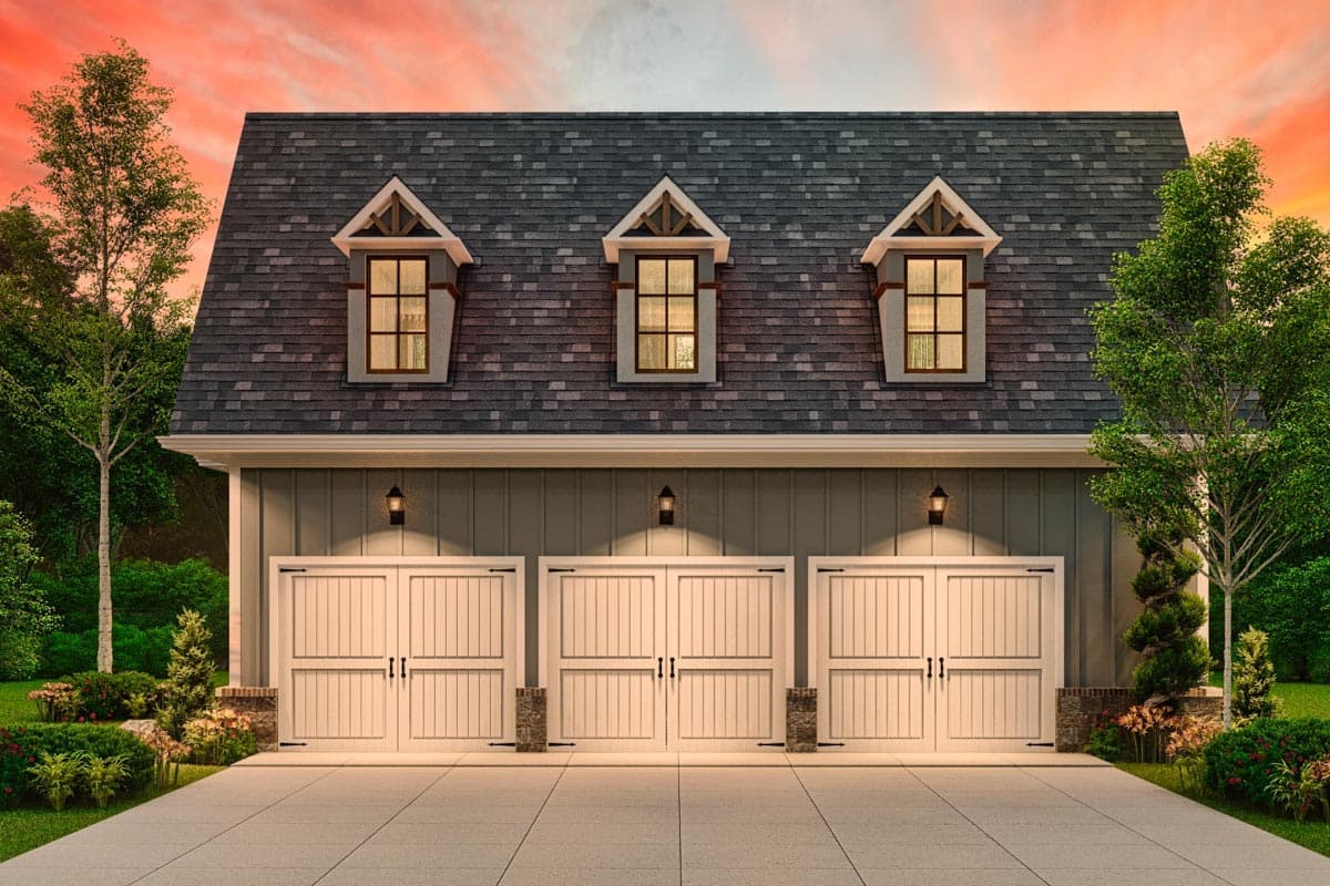 House plan exterior: Three-car garage with gable dormers and paneled doors.