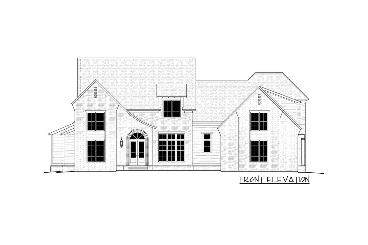 Front elevation drawing of a two-story house plan featuring brick facade, arched entryway, and multiple gables.