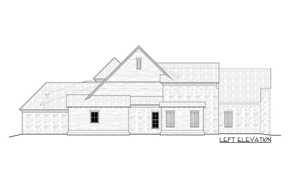 Left elevation of a house plan showing multiple gables, varied rooflines, and a mix of brick and horizontal siding.