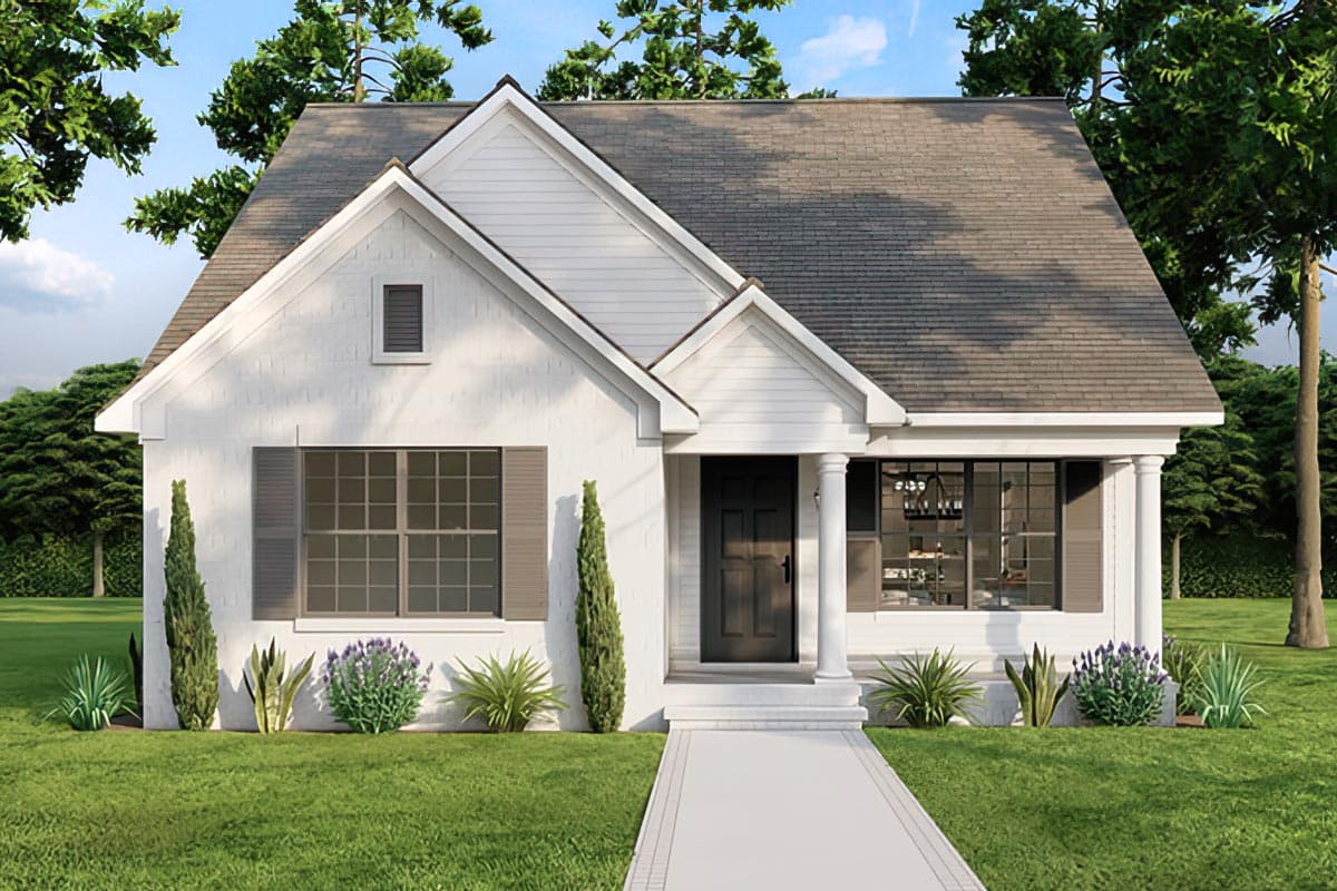 House plan exterior. One-story farmhouse style with front porch, gables, and shuttered windows. Features include a centered front door with columns.