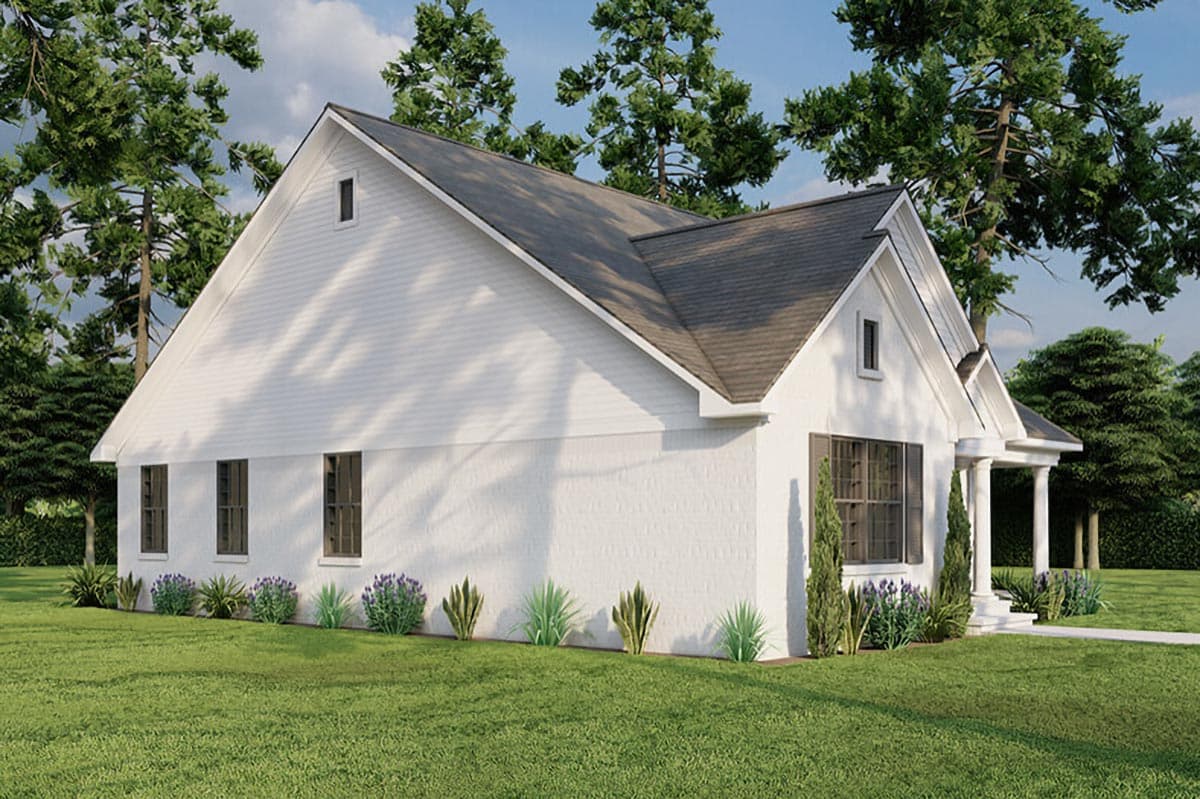House plan exterior: Modern farmhouse style, one story, white brick, gable roof, front porch with columns, and dormer.