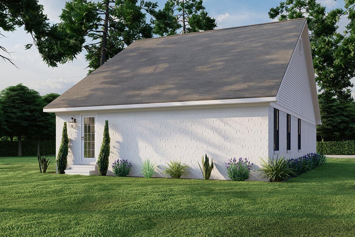 House plan exterior with white brick walls, asphalt shingle gable roof, and pitched dormer on side.