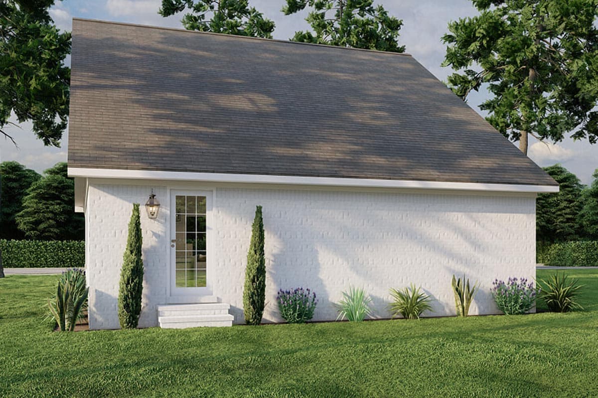 House plan exterior of a white brick building with a gable roof, a glass-paneled door, and landscaping.