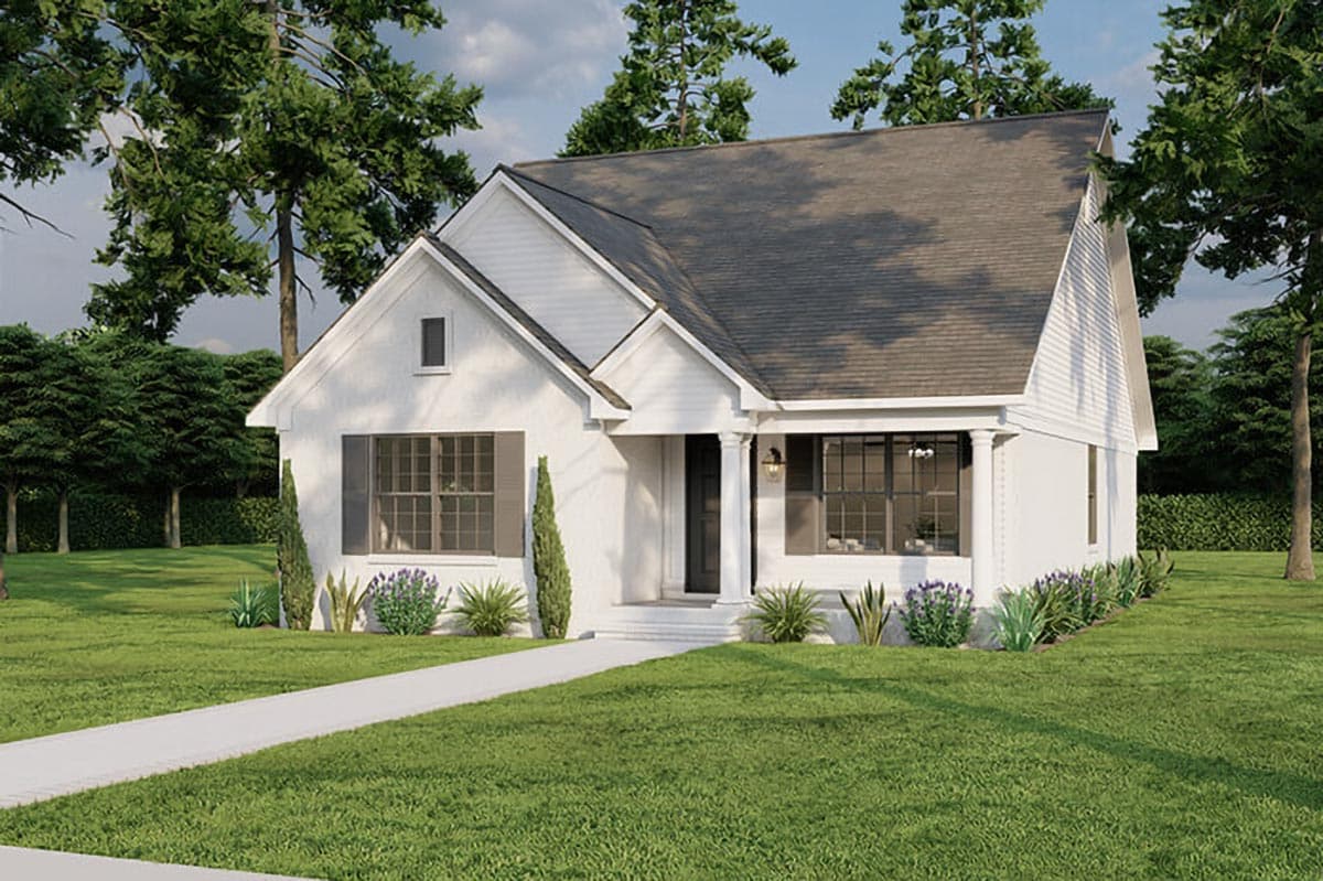 House plan exterior: White two-story home with gabled roof, covered porch with columns, and multiple gables.