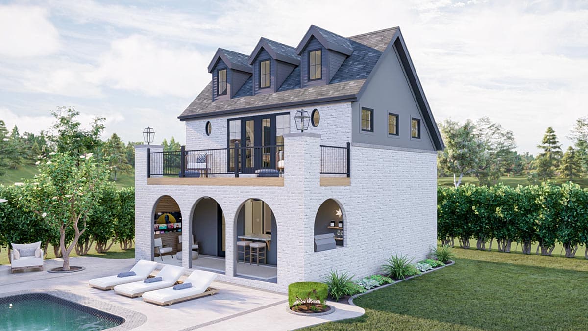 Plan 623166DJ: 803 Square Foot Pool House Plan with Upstairs Bunk Bds and Rec Room - Image #6 - Contemporary, Cottage, Country, European, French Country, Georgian, New American