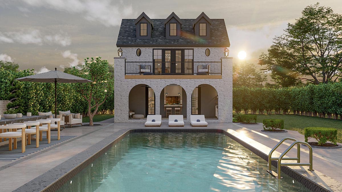 Plan 623166DJ: 803 Square Foot Pool House Plan with Upstairs Bunk Bds and Rec Room - Image #7 - Contemporary, Cottage, Country, European, French Country, Georgian, New American