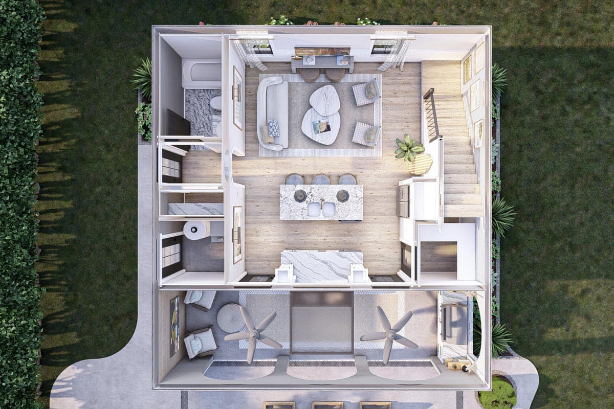 Plan 623166DJ: 803 Square Foot Pool House Plan with Upstairs Bunk Bds and Rec Room - Image #21 - Contemporary, Cottage, Country, European, French Country, Georgian, New American