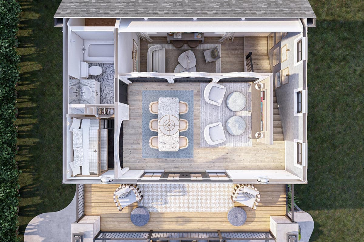 Plan 623166DJ: 803 Square Foot Pool House Plan with Upstairs Bunk Bds and Rec Room - Image #22 - Contemporary, Cottage, Country, European, French Country, Georgian, New American