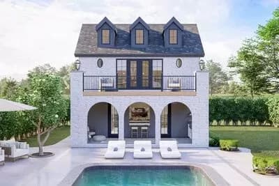803 Square Foot Pool House Plan with Upstairs Bunk Bds and Rec Room