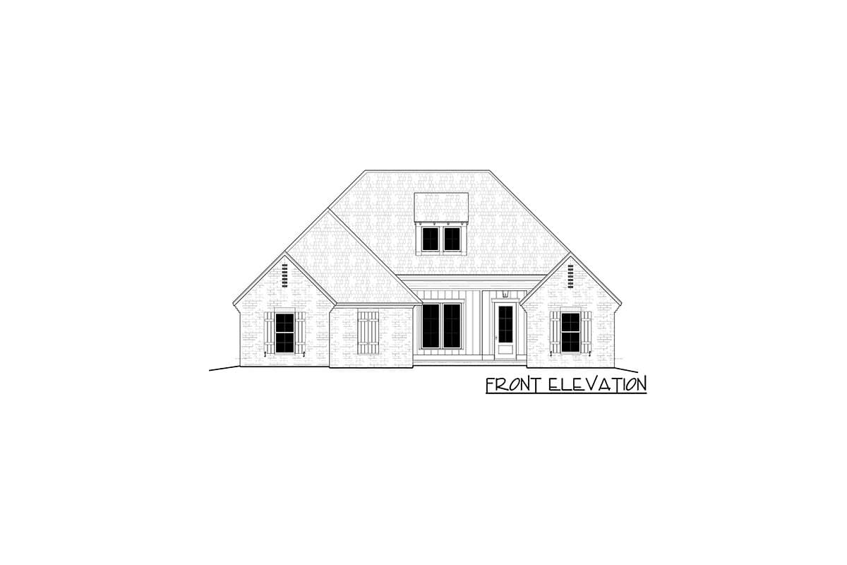 Front elevation drawing of a one-story house with a hipped roof, dormer, covered porch, and brick exterior.