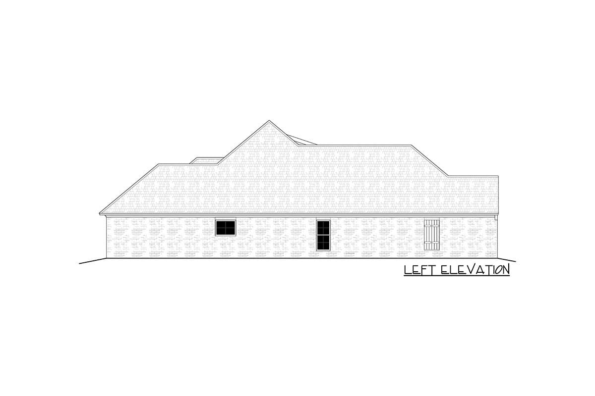 House plan left elevation showing a single-story structure with a hip roof, two windows, and a louvered door.
