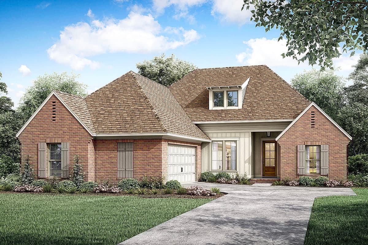 House plan exterior with brick facade, gabled roof, and dormer. Features include a side-entry garage and wooden shutters on the windows.