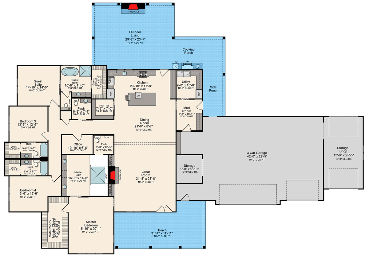 Plan 510239WDY: One-level Country Home Plan with Workshop and Ample Outdoor Living Space - Floor Plan - Main Level - Acadian, Country, Craftsman, New American, Southern, Traditional