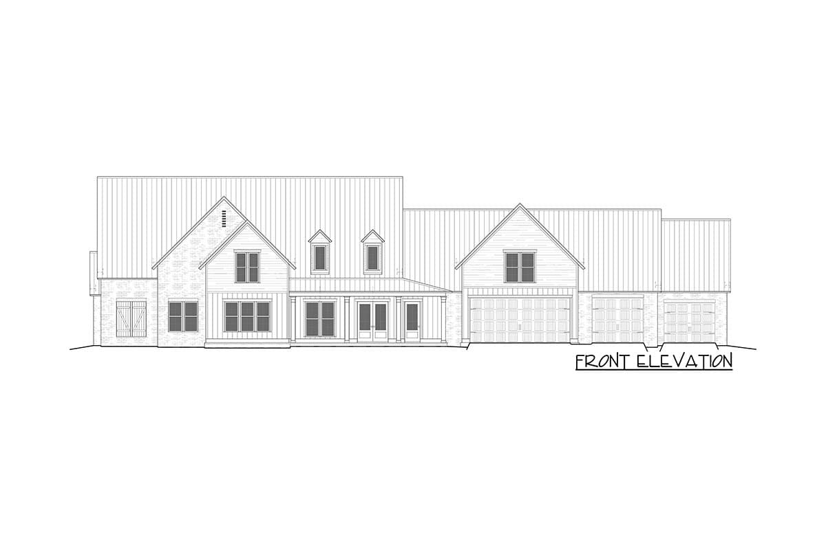 Front elevation drawing of a two-story house plan with a metal roof, gables, dormers, covered entry, and a three-car garage.