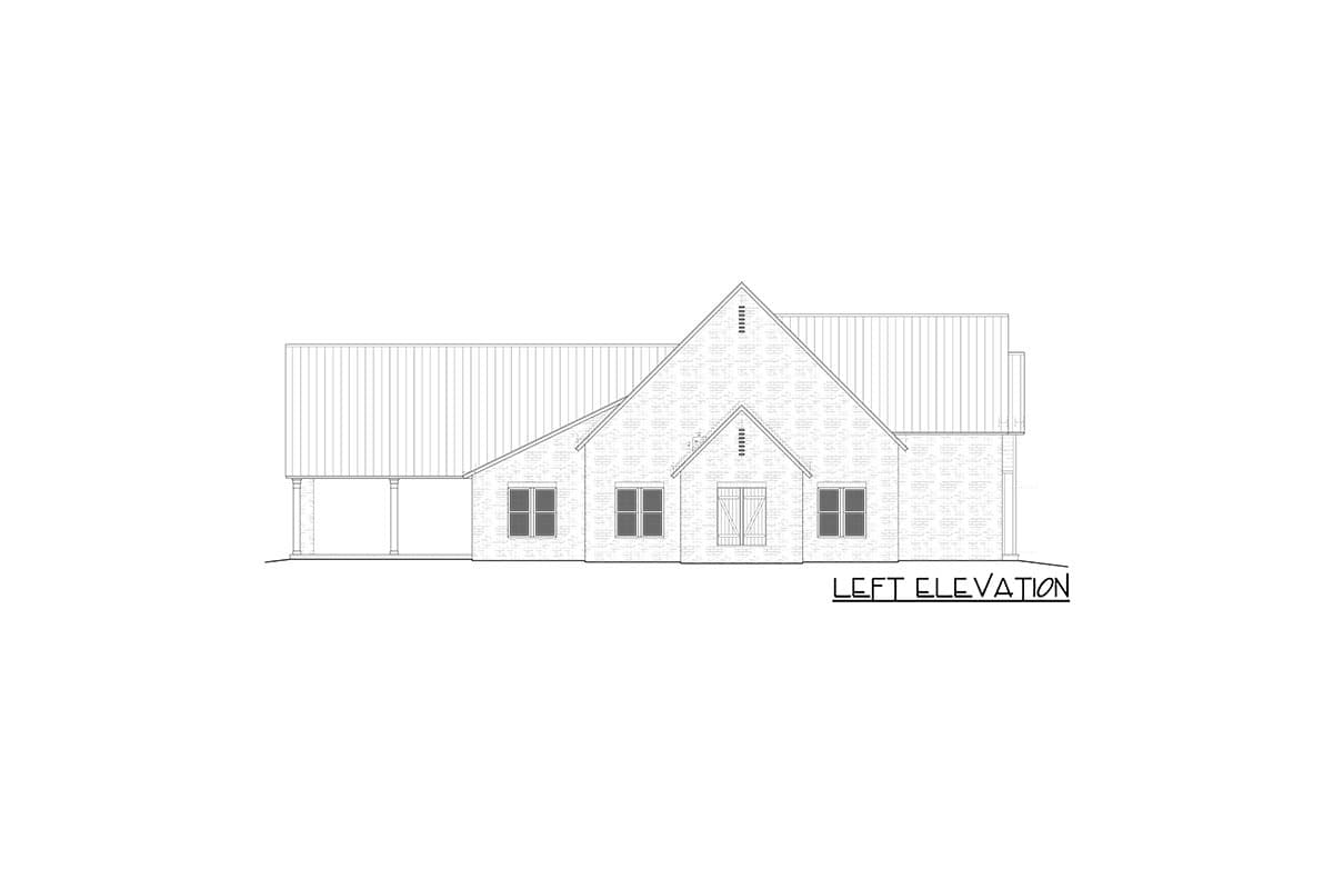 Left elevation drawing of a house plan featuring a covered porch, gabled roof, and brick facade.