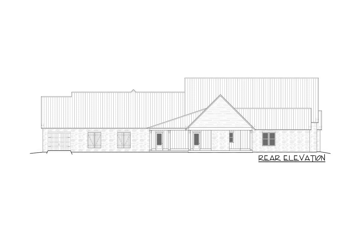 Rear elevation drawing of a single-story house plan with a metal roof, brick base, garage, and covered porches.