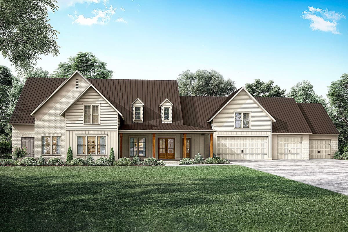 House plan exterior. Two-story Modern Farmhouse with gabled roof, dormers, and a covered porch with supporting columns, and attached garage.