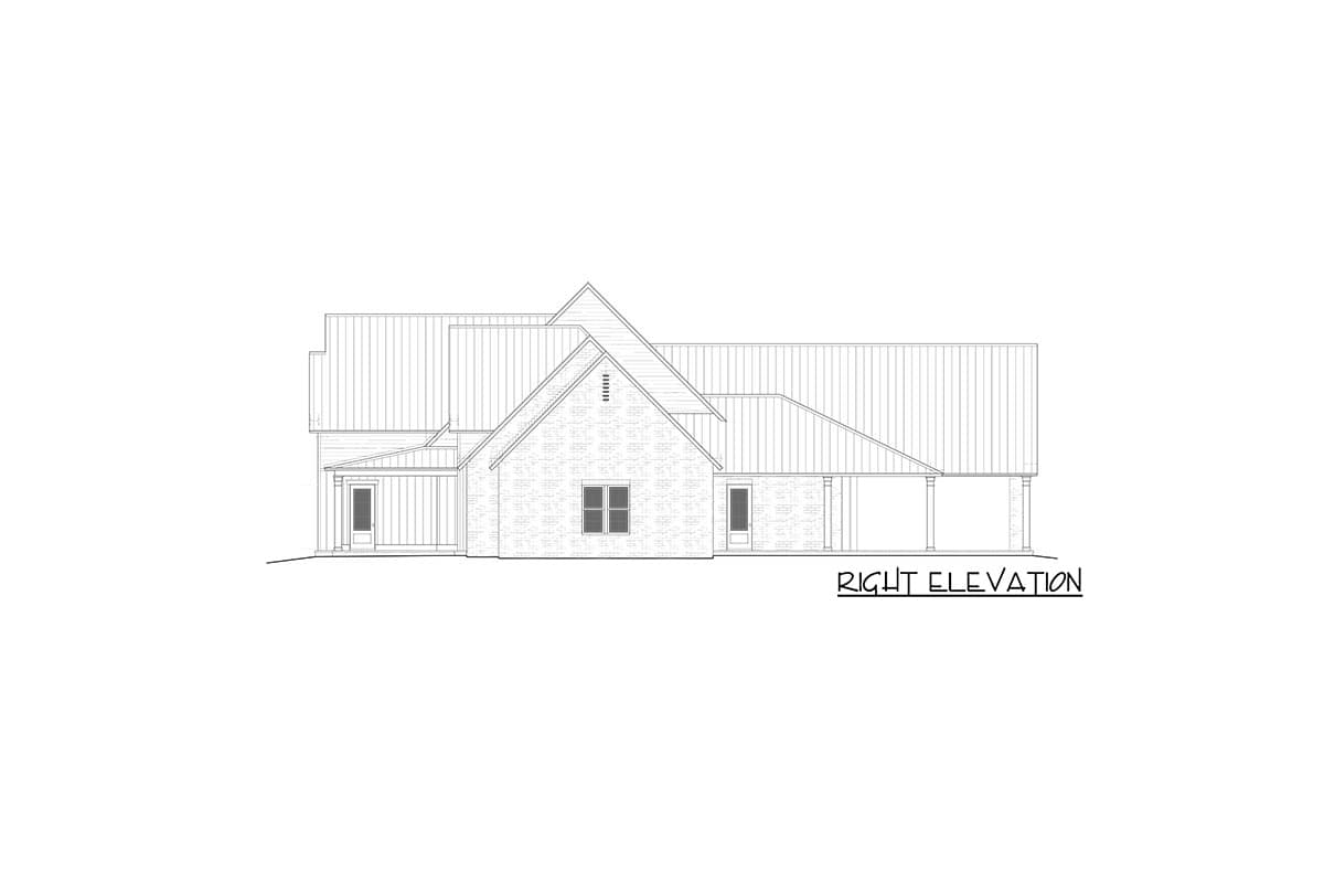 Right elevation drawing of a house plan showing brick facade, gabled rooflines, porch, and covered carport.