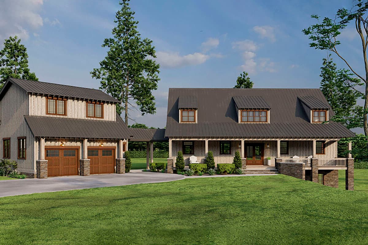 House plan exterior. Two-story Modern Farmhouse with gabled roof, dormers, and a covered porch. Attached two-car garage with a matching roof.