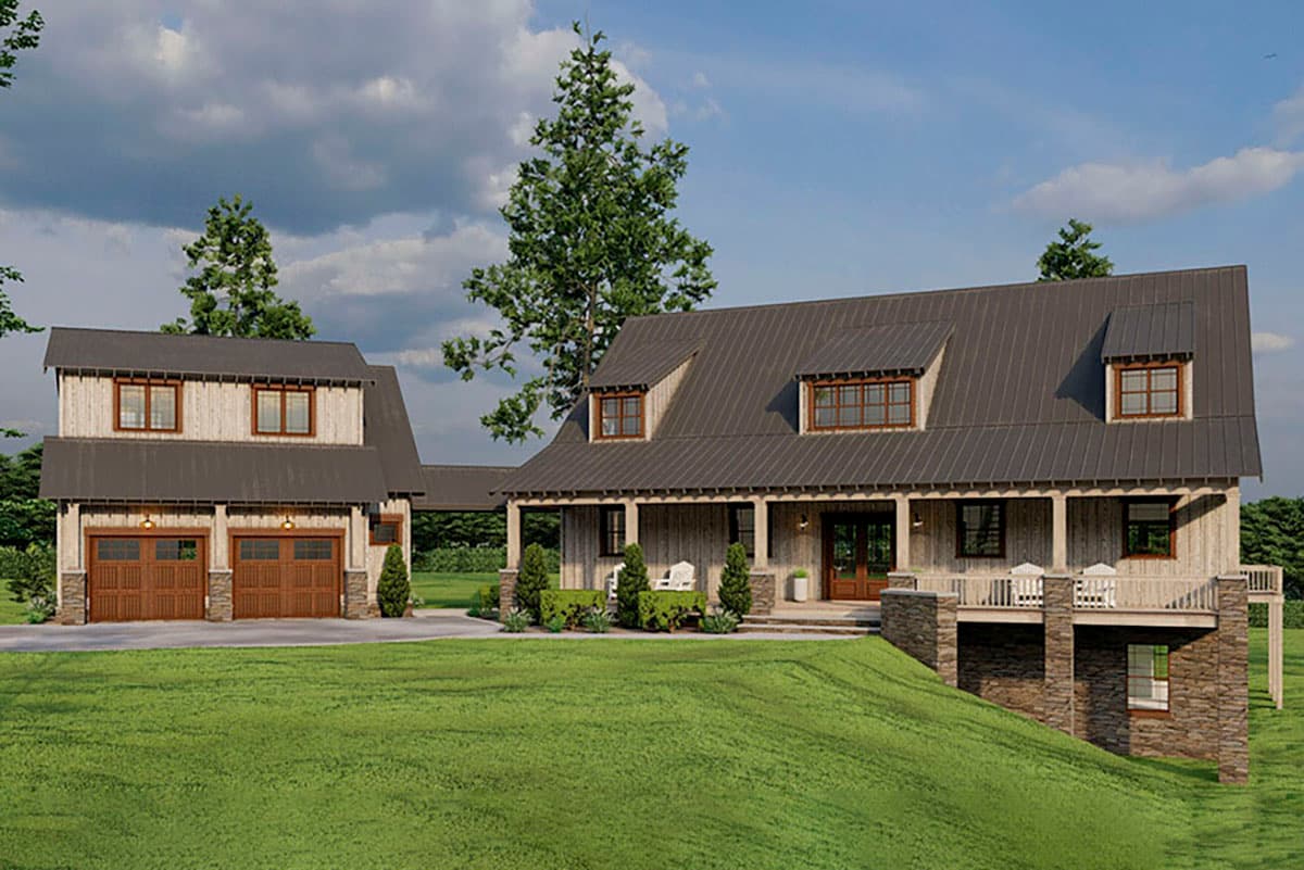 Modern Farmhouse house plan exterior with metal roof, front porch, dormers, and attached two-car garage with upper level.