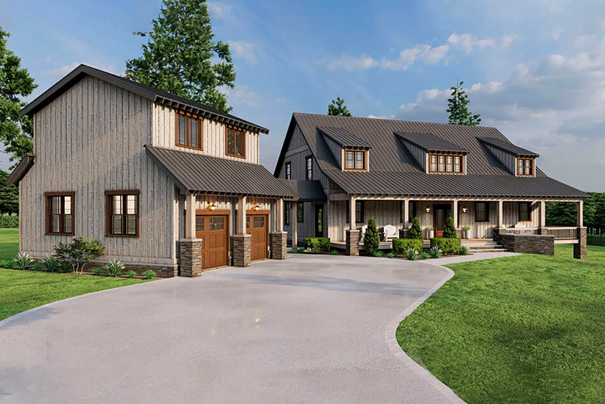 House plan exterior with Modern Farmhouse style, two stories, a two-car garage, and a wraparound porch with metal roof.