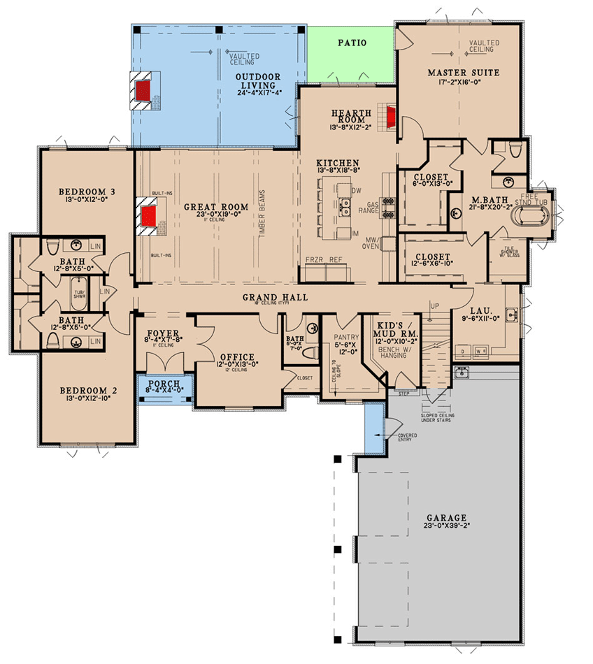 Plan 70834MK: Transitional 4-Bed House Plan with Vaulted Outdoor Living Room - 2998 Sq Ft - Floor Plan - Main Level - Acadian, Contemporary, Country, Southern, Transitional