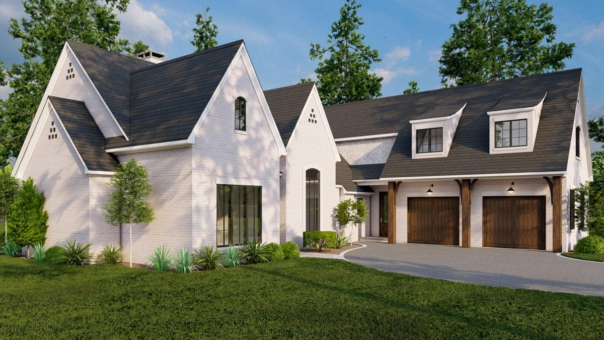 House plan exterior: Modern Farmhouse style with white brick, multiple gables, dormer windows, and a three-car garage.