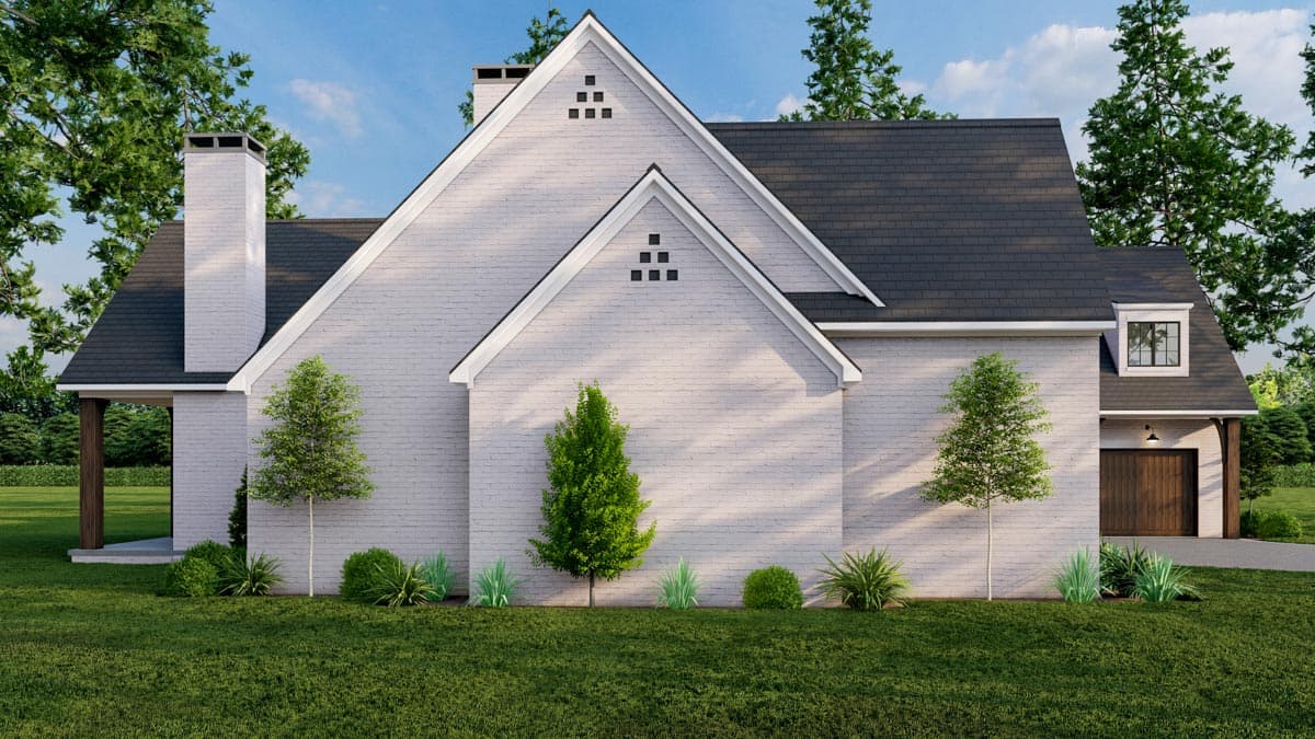 House plan exterior: Modern Farmhouse style with white brick, prominent gables, large chimney, dormer, and wood garage door.