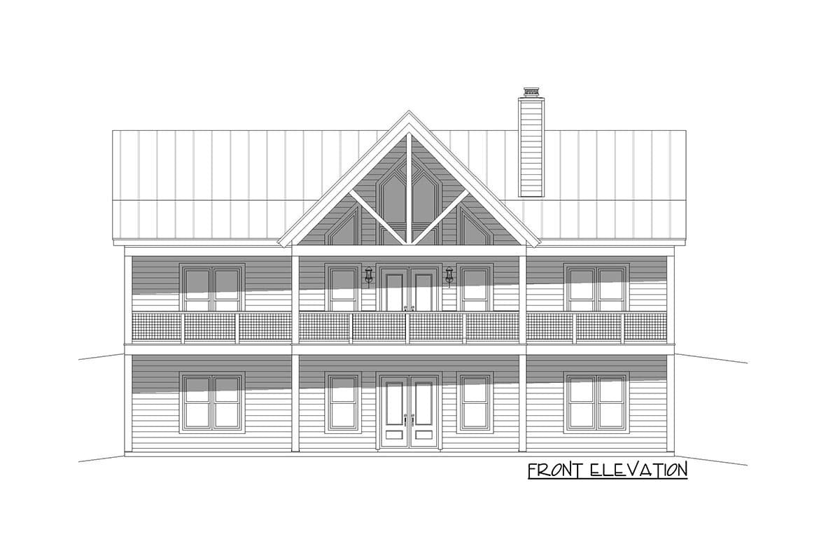 Front elevation house plan with two stories, double front doors, wraparound porch, gabled roof with dormer windows and a chimney.